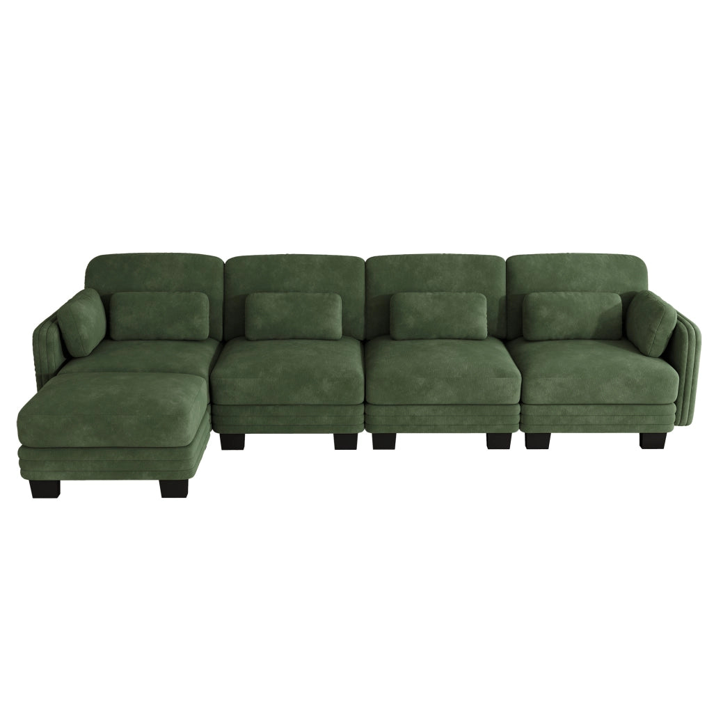 Divano modulare in ciniglia verde con pouf separato e cuscini lombari e bracciolo