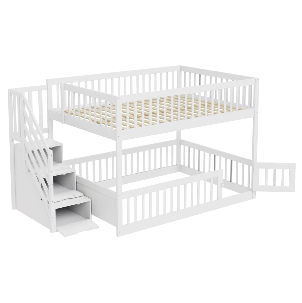 Letto a castello 140x200 cm con scala e cassetti in legno bianco