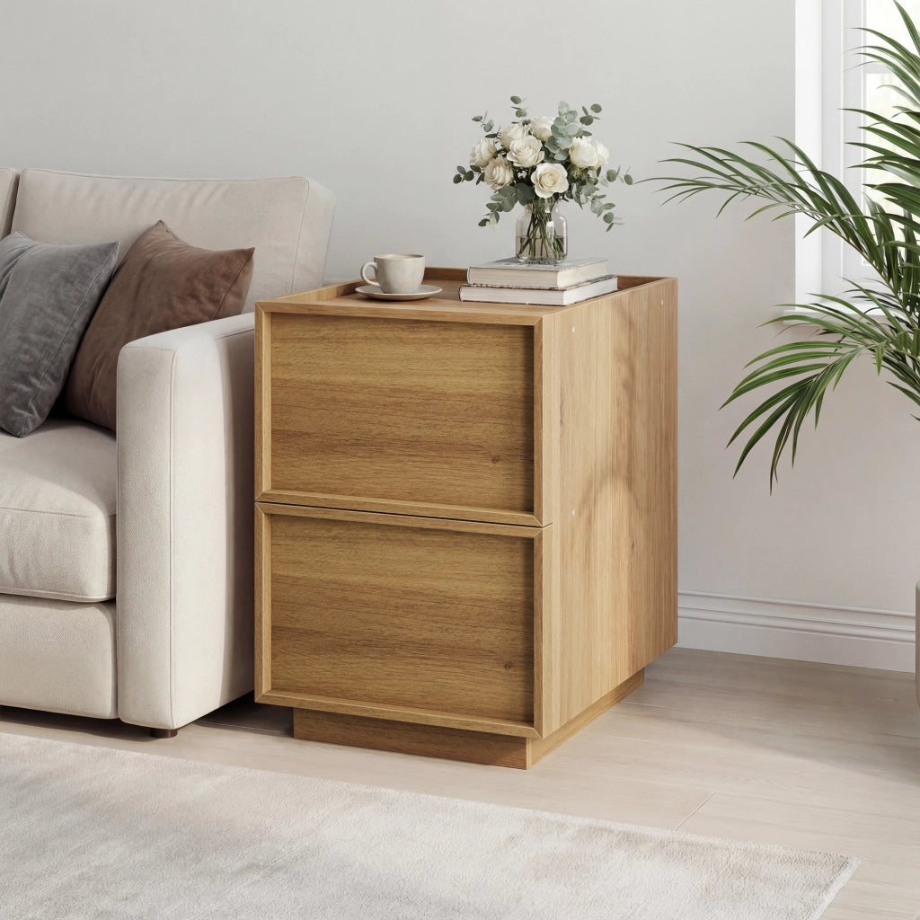 Comodino moderno minimalista in MDF effetto rovere con 2 cassetti, 38 x 48 x 55 cm