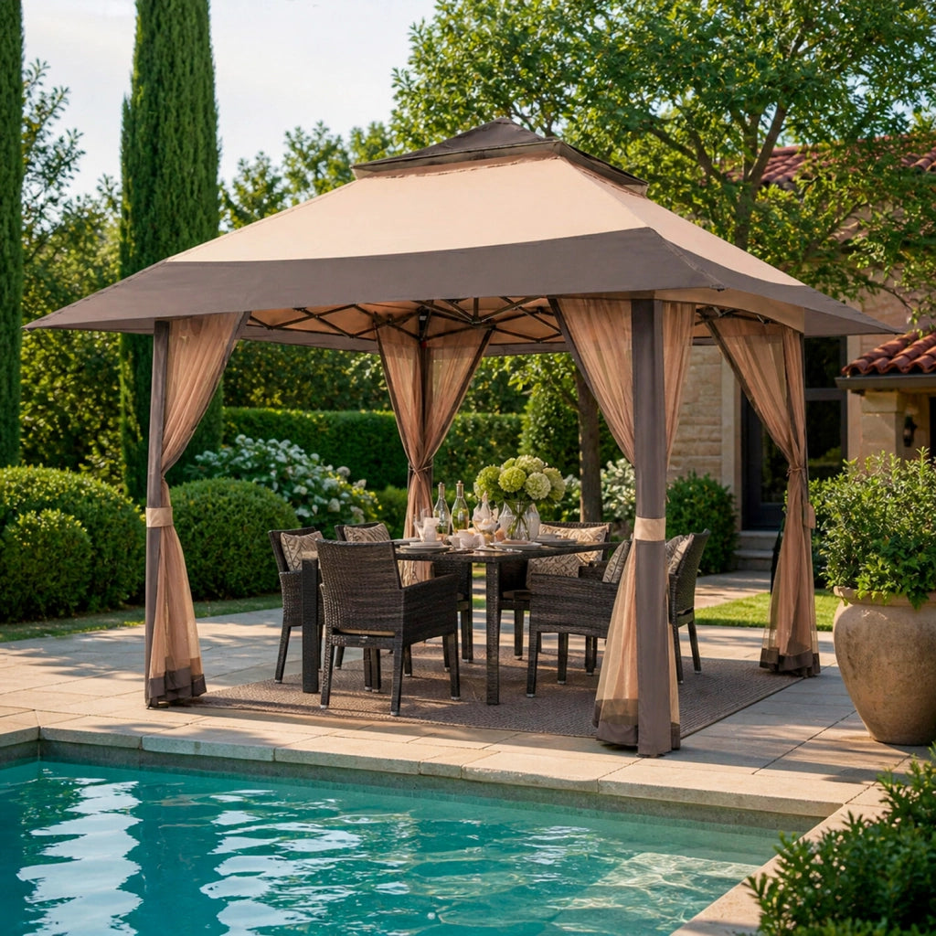 Gazebo Pop Up Da Giardino 4 X 4 Metri Con Tetto Allargato E Zanzariere Altezza Regolabile Da 2.7 X 2.9 M Apertura Rapida E Borsa Di Trasporto Inclusa Per Feste Piscina Campeggio Eventi Kaki