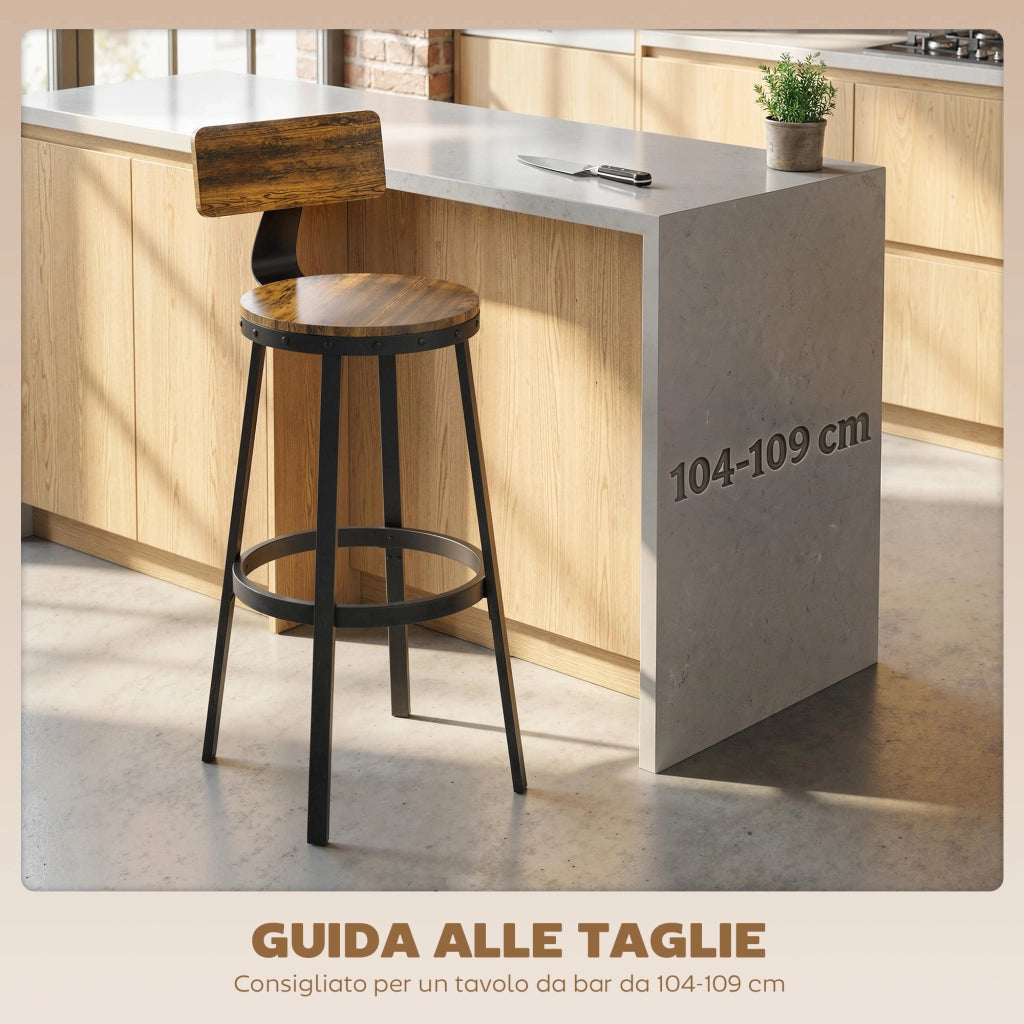 Set 2 Sgabelli da Bar Stile Rustico con Poggiapiedi, in Legno e Metallo, 37x47x96 cm, Marrone