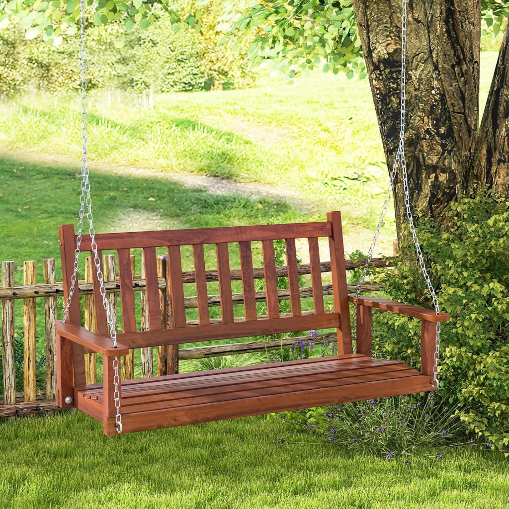 Panca sospesa in legno di pioppo, 2-3 posti, con catene in metallo regolabili, sedia sospesa con schienale in doghe, altalena Hollywood per giardino (marrone, 136 x 67 x 63 cm)