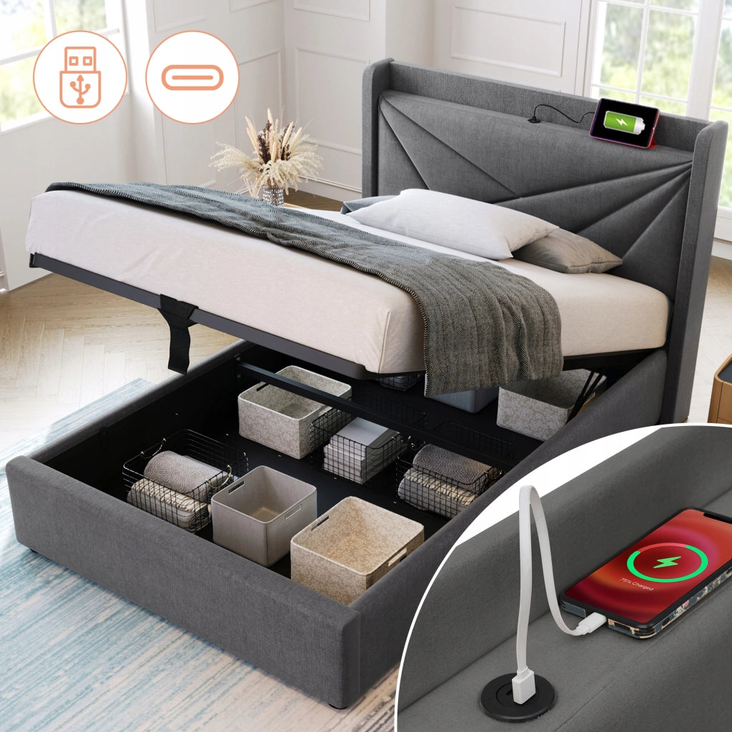 Letto con materasso 90x200 - Xylo - Lino con USB-C e vano