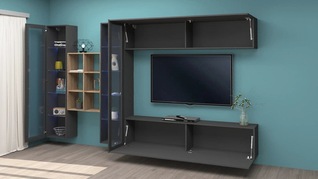 Parete attrezzata sospesa antracite mobile TV pensile 2 vetrine libreria legno Kary RT