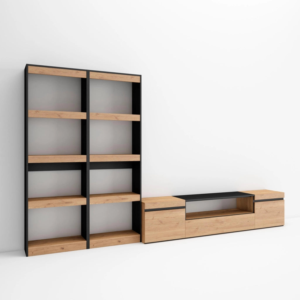 Mobile TV, Soggiorno, 320x35x186cm, Per TV fino a 80", Set di mobili, colore Rovere e nero RF2601