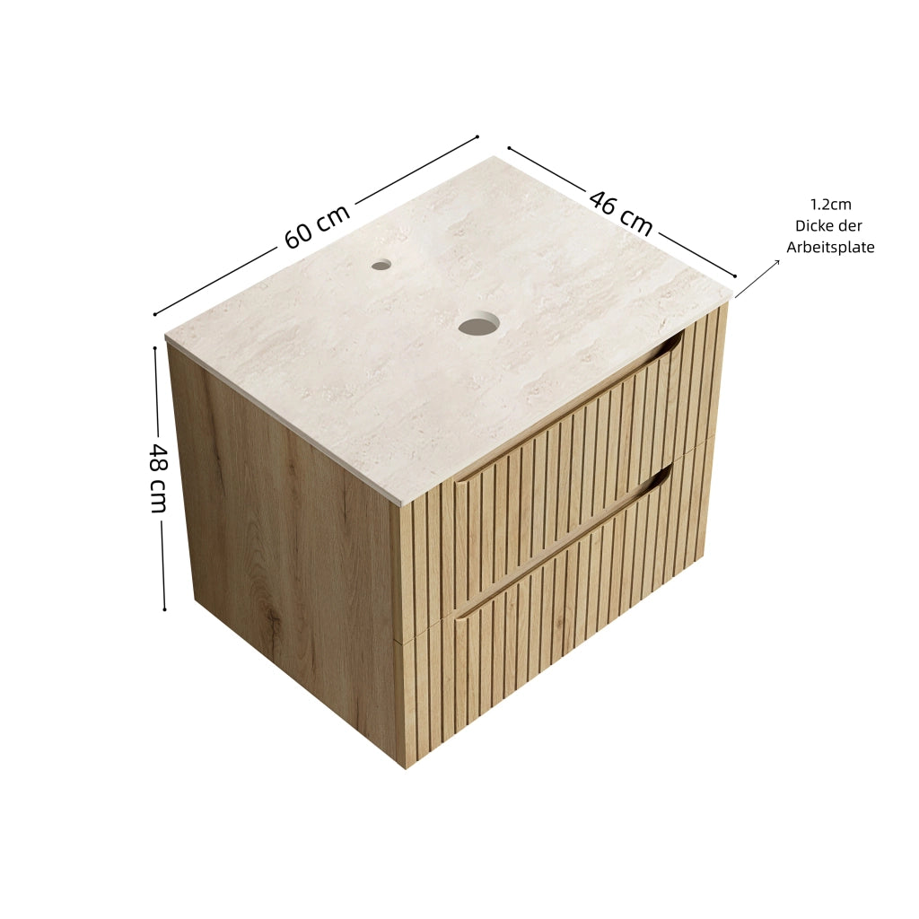Mobile bagno con piano in pietra sinterizzata e struttura robusta; per bagno; 69×55×61 cm; rovere chiaro