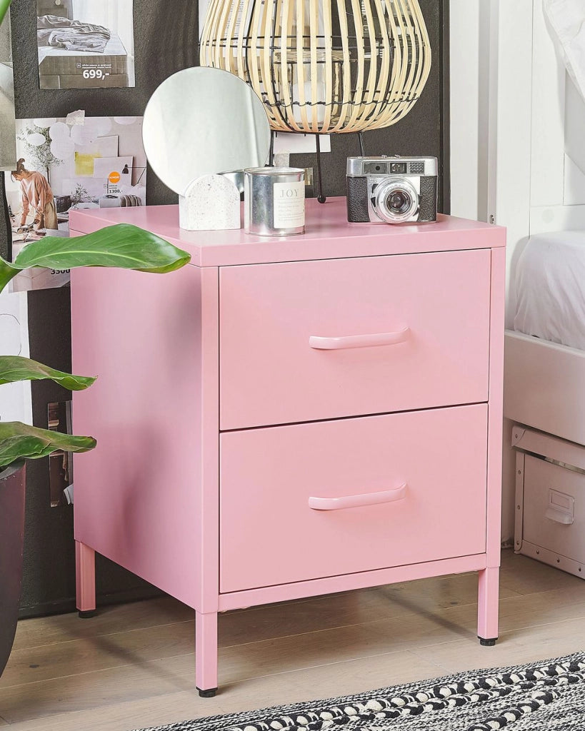Comodino in Acciaio Rosa Design Industriale 2 Cassetti Camera da Letto Mobili Contenitori