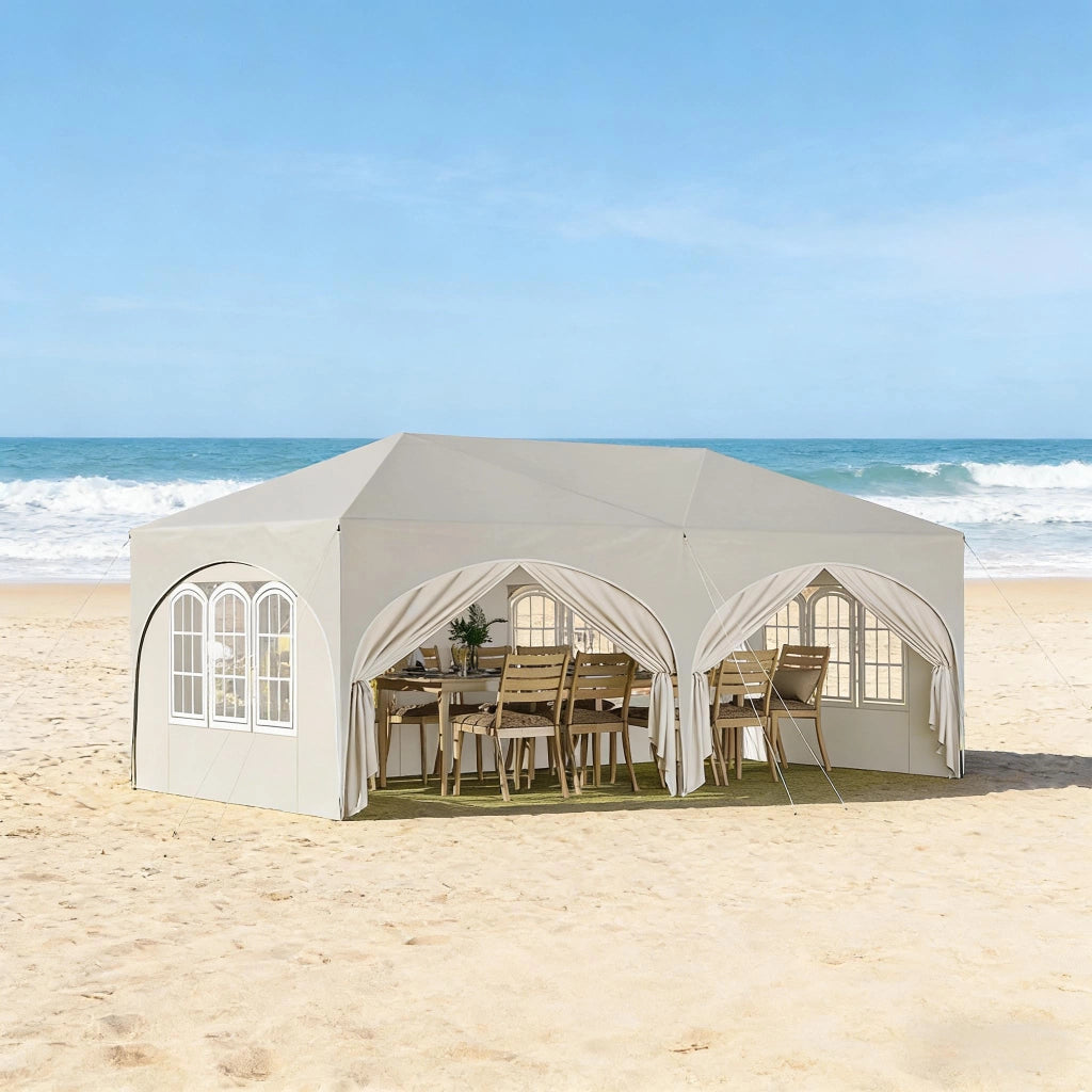 Gazebo da giardino pieghevole con 6 pareti laterali regolabili in altezza in ferro e tessuto oxford beige 3 × 6 m