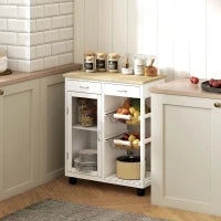 Carrello da Cucina in Bambù con 2 Cassetti, Armadietto, Ripiano e 2 Cestini in Acciaio, 67x35x80 cm, Bianco