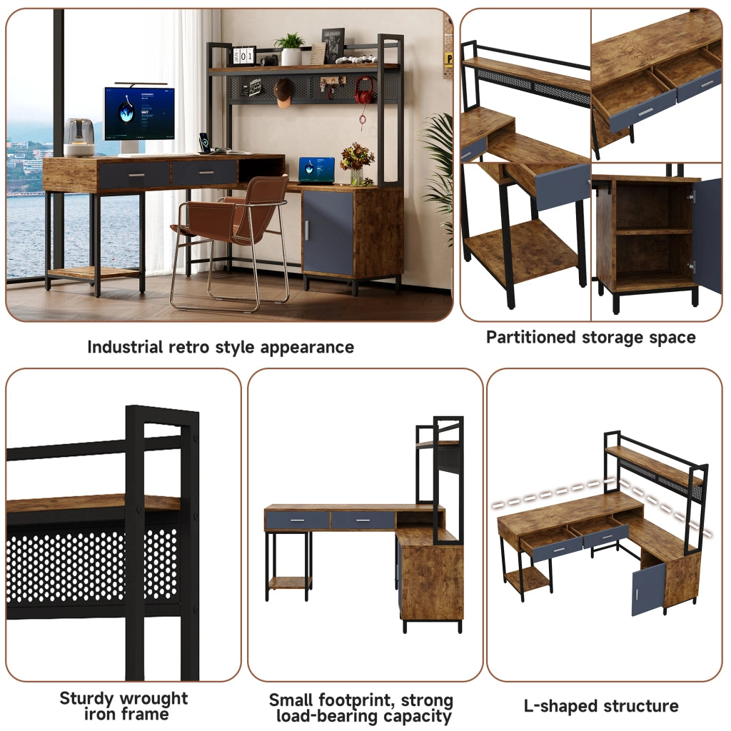 Scrivania ad angolo con 1 anta; 2 cassetti e ripiani - per studio - in MDF e metallo - 140×140×135 cm - nero
