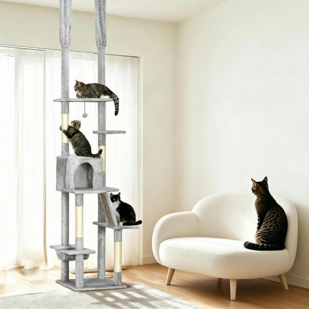 Tiragraffi regolabile in altezza con fissaggio a soffitto, altezza 225-255 cm, 6 livelli con nicchia e amaca.