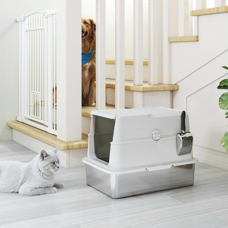 Lettiera per gatti, in acciaio inox, interno XL, con paletta, grigio chiaro