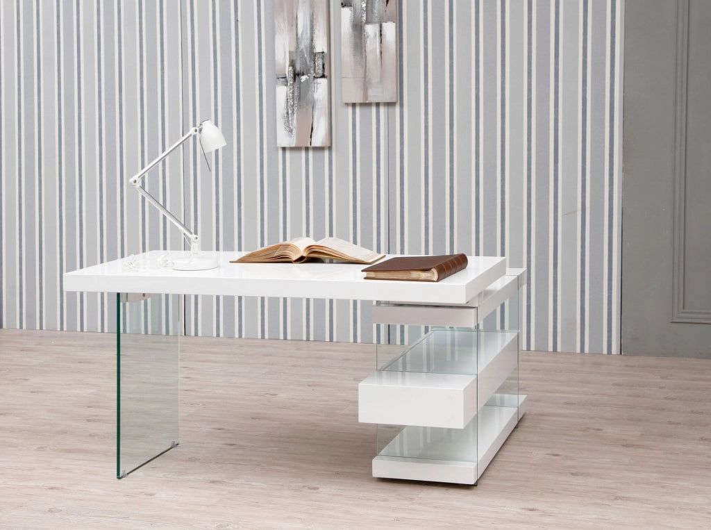 Scrivania in legno bianco e vetro temperato