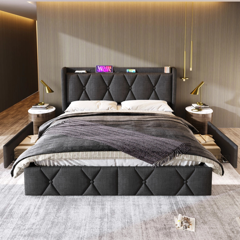 LETTO Contenitore 160x200 cm Grigio in lino con 4 cassetti