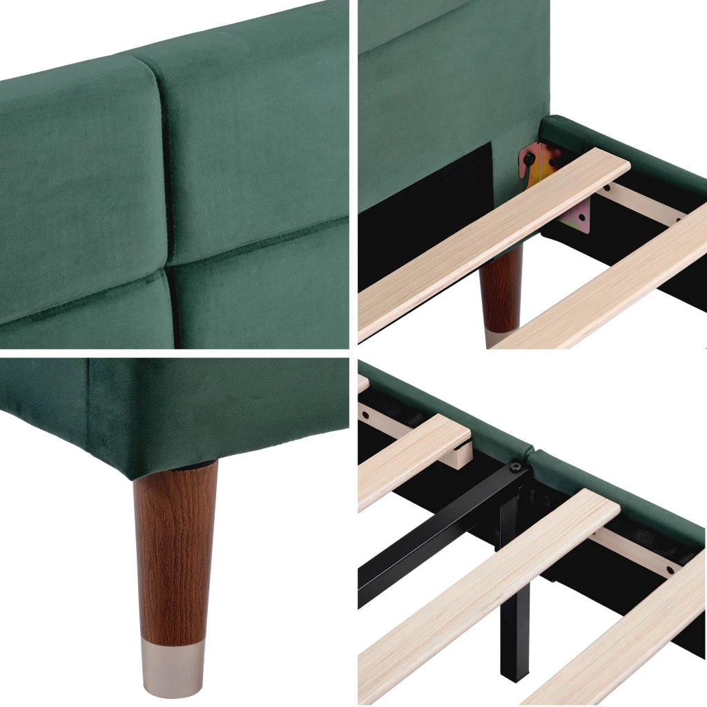Letto Matrimoniale 140×200 cm; Letto Imbottito in Velluto con Testiera Trapuntata e Spazio Sottoletto; senza Materasso; Verde
