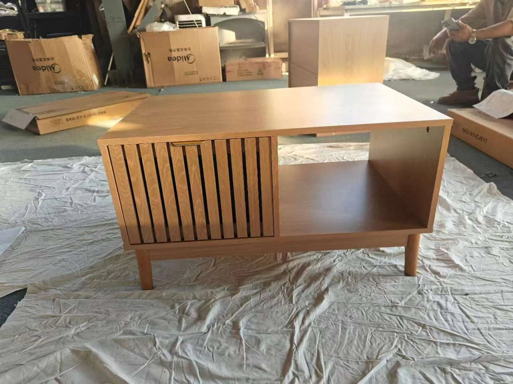 TAVOLINO da caffè 80x50x45 cm effetto rovere con nicchia e ripiani
