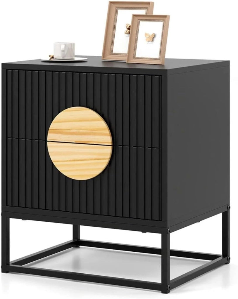 Comodino con 2 Cassetti, Maniglie in Legno di Pino e Struttura in Metallo, Tavolino Lato Moderno per Camera da Letto, Soggiorno, 48 x 40 x 55 cm (L x P x A)