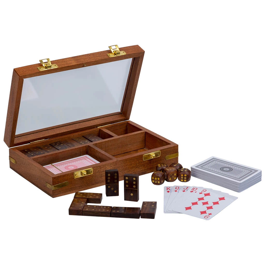 Gioco 3/1 (dadi+domino+carte) in una scatola, legno marrone 15,5x13x5