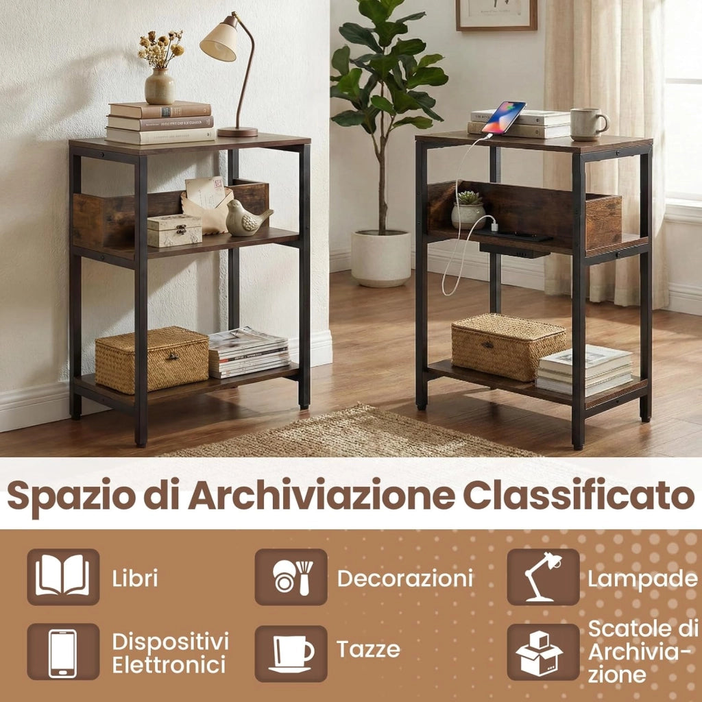 Tavolino Laterale a 3 Ripiani con Stazione di Ricarica, Mensole Aperte, Porte USB e Prese Elettriche, Tavolino Versatile Industriale per Soggiorno e Camera da Letto