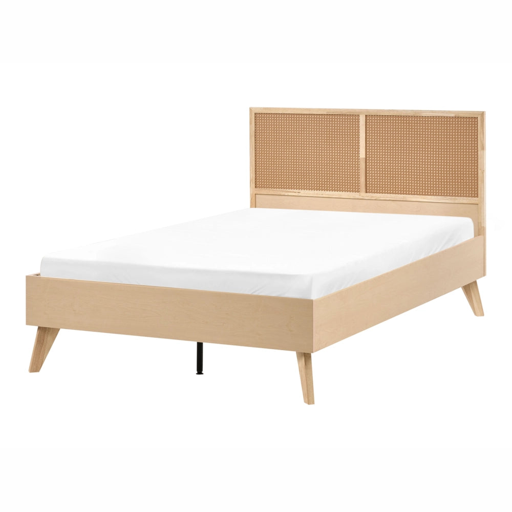Letto matrimoniale in legno di gomma con testiera in vimini marrone chiaro 120 x 200 cm stile boho minimalista