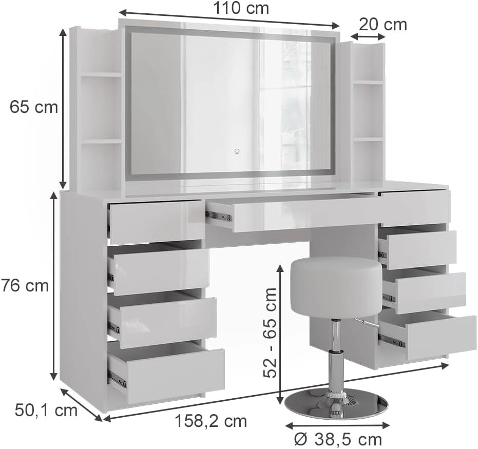 Tavolo da toeletta Sherry, Bianco/bianco lucido, 158.2 cm 5 parti, con illuminazione a LED e panca imbottita