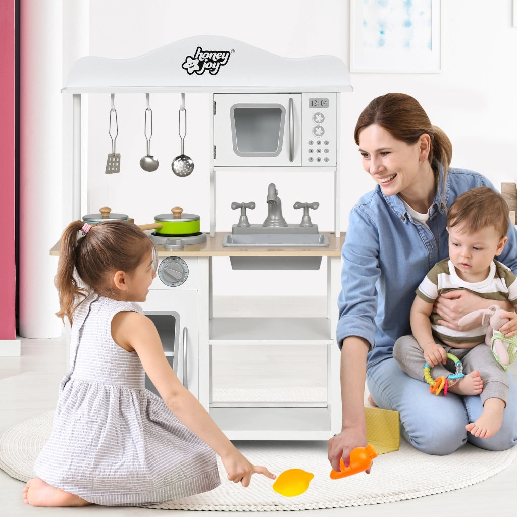 Cucina giocattolo di legno per bambini con lavello e fornello, Set cucina finta con pentole e utensili Bianco-Cucine giocattoli