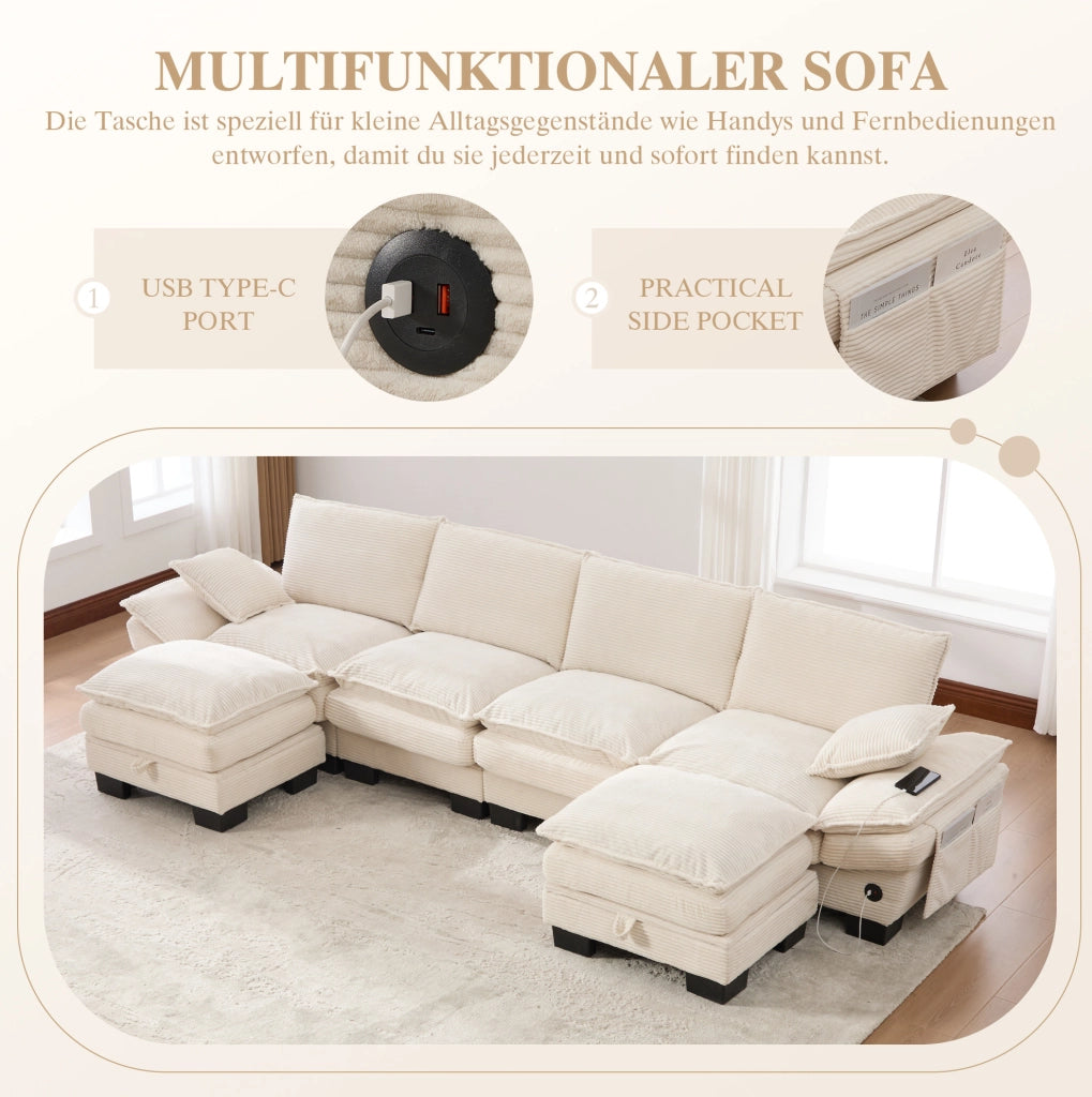 Divano modulare 4 posti in velluto a coste beige con 2 pouf