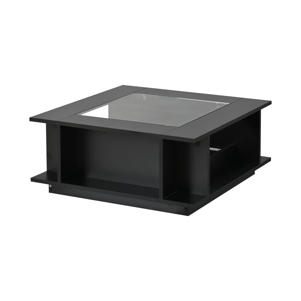 Tavolino da salotto quadrato con vani aperti e spazio laterale; piano in vetro; LED; nero 70 × 70 × 30 cm