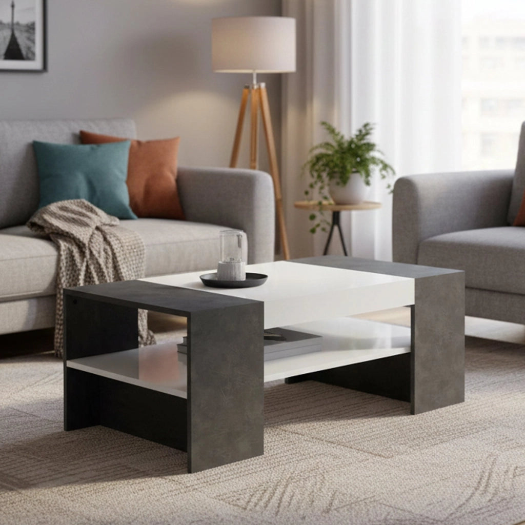 Tavolino da Ashar, Made in Italy, Tavolo da salotto, cm 110x60h40, Bianco lucido e Grigio Cenere