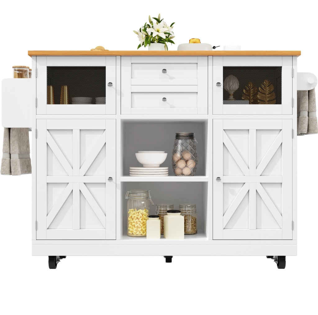 Isola cucina pieghevole con ruote, piano MDF e contenitore