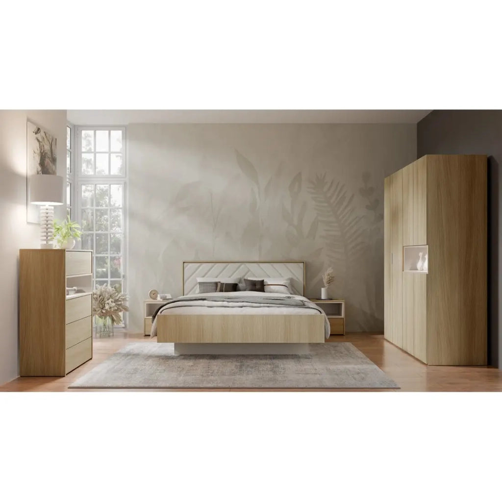 Armadio KAORI 5 porte con nicchia LED in rovere chiaro e beige 202 cm