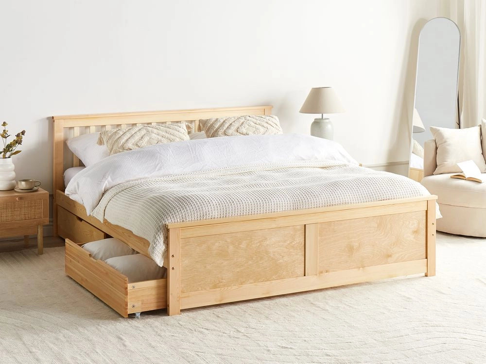 Letto matrimoniale Legno di Pino chiaro con Rete a Doghe con 4 cassetti 180 x 200 cm Testiera a doghe minimalista