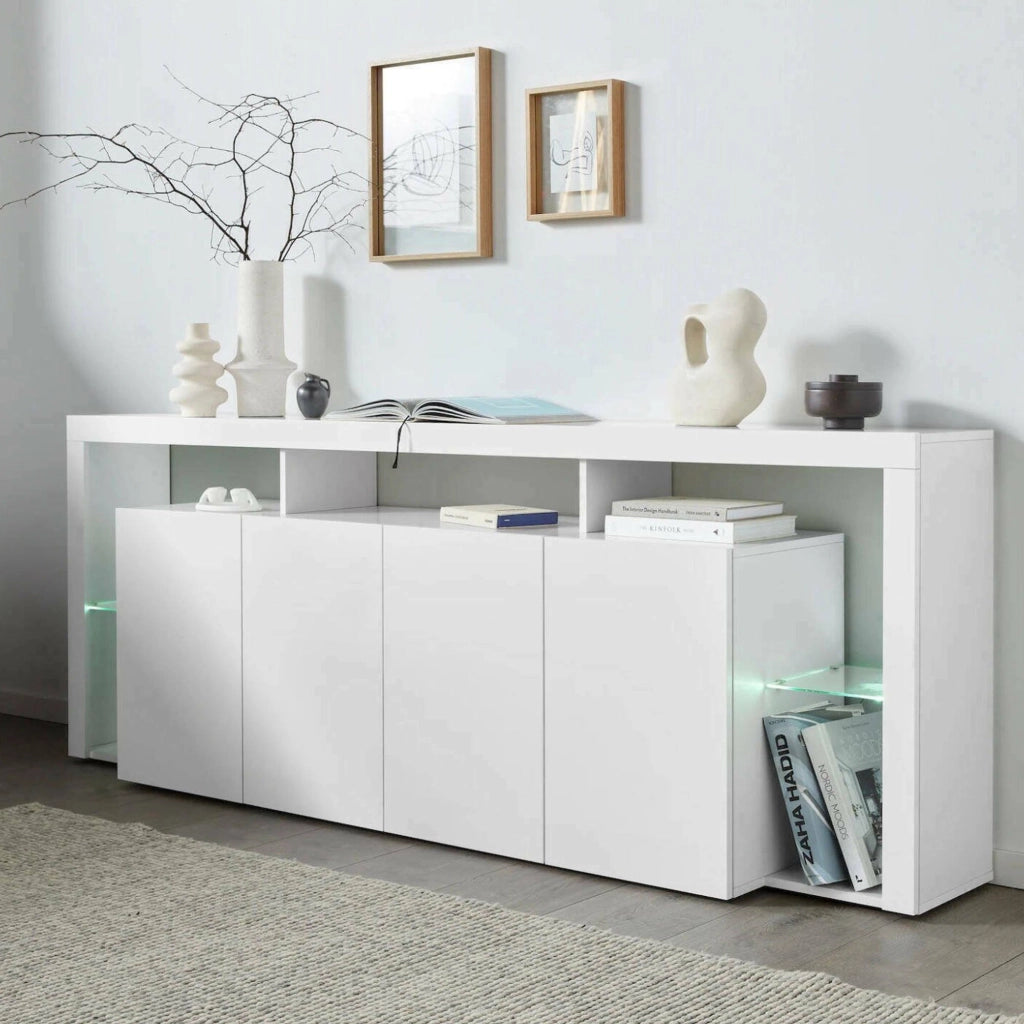 Credenza Atak, Buffet da soggiorno a 4 ante, Madia da salotto, Credenza moderna, 100% Made in Italy, 220x40h80 cm, Bianco lucido