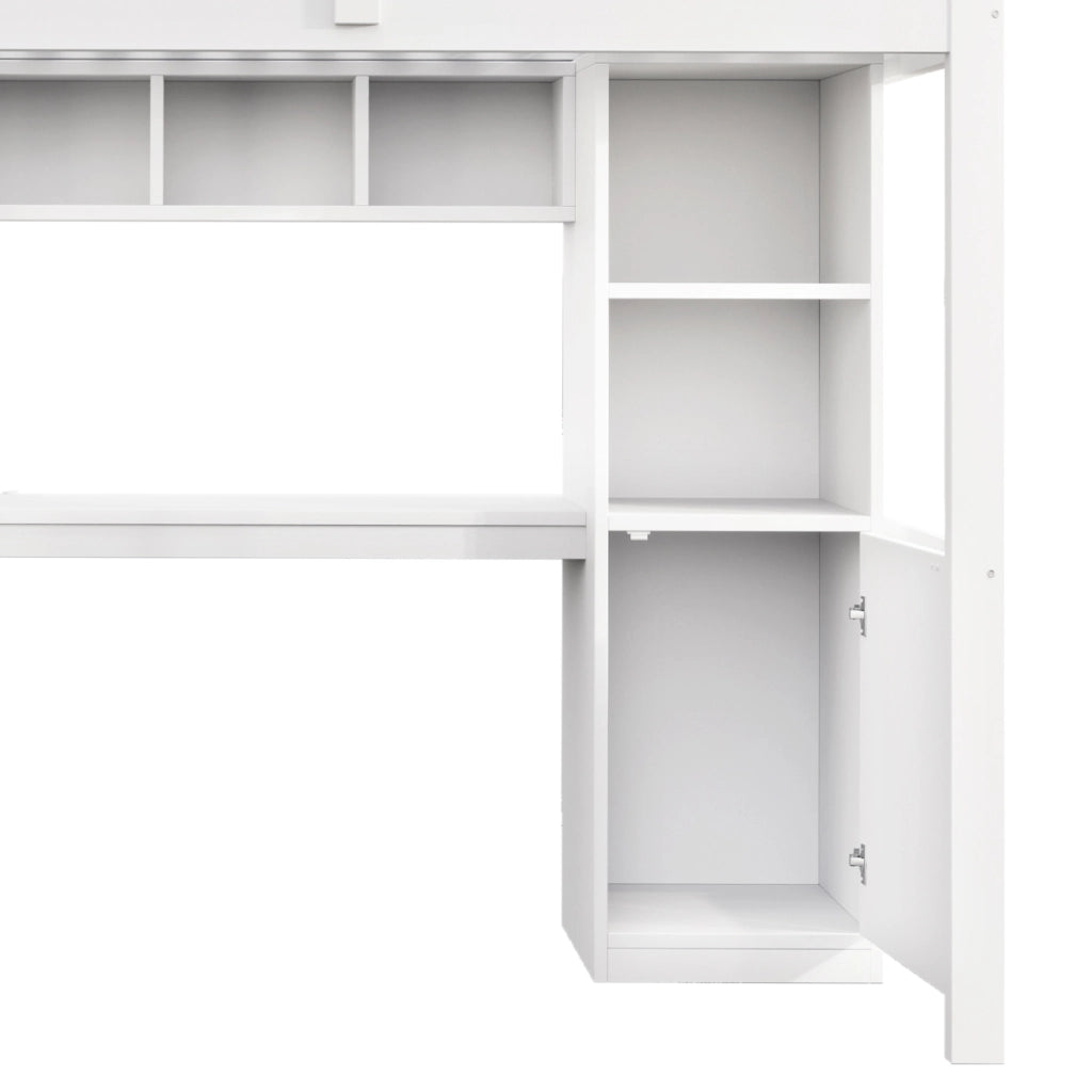 Letto a soppalco 90 × 200 cm con scrivania, scale contenitore, ripiani, LED e prese europee, senza materasso, bianco