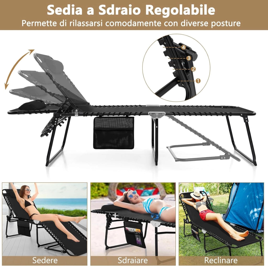 Lettino da Spiaggia Pieghevole Portatile, Sdraio da Mare con Schienale Regolabile 4 Posizioni, Tasca Laterale e Poggiatesta Staccabile, per Giardino e Campeggio, Portata 150 kg (Nero)