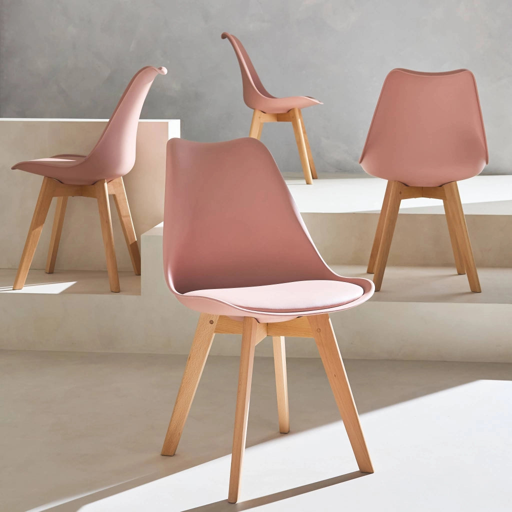 Set 4 sedie scandinave imbottite con gambe in legno , rosa antico