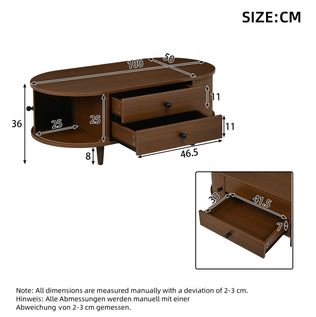 Tavolino da salotto 100x50x36 cm con ante scorrevoli e 2 cassetti in MDF color noce