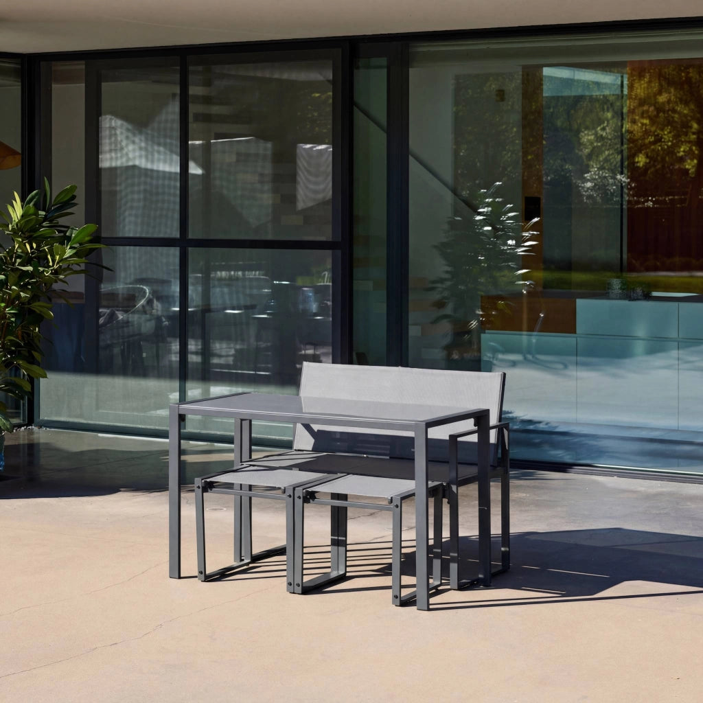 Set tavolo da giardino incastrabile in acciaio e textilene con 4
