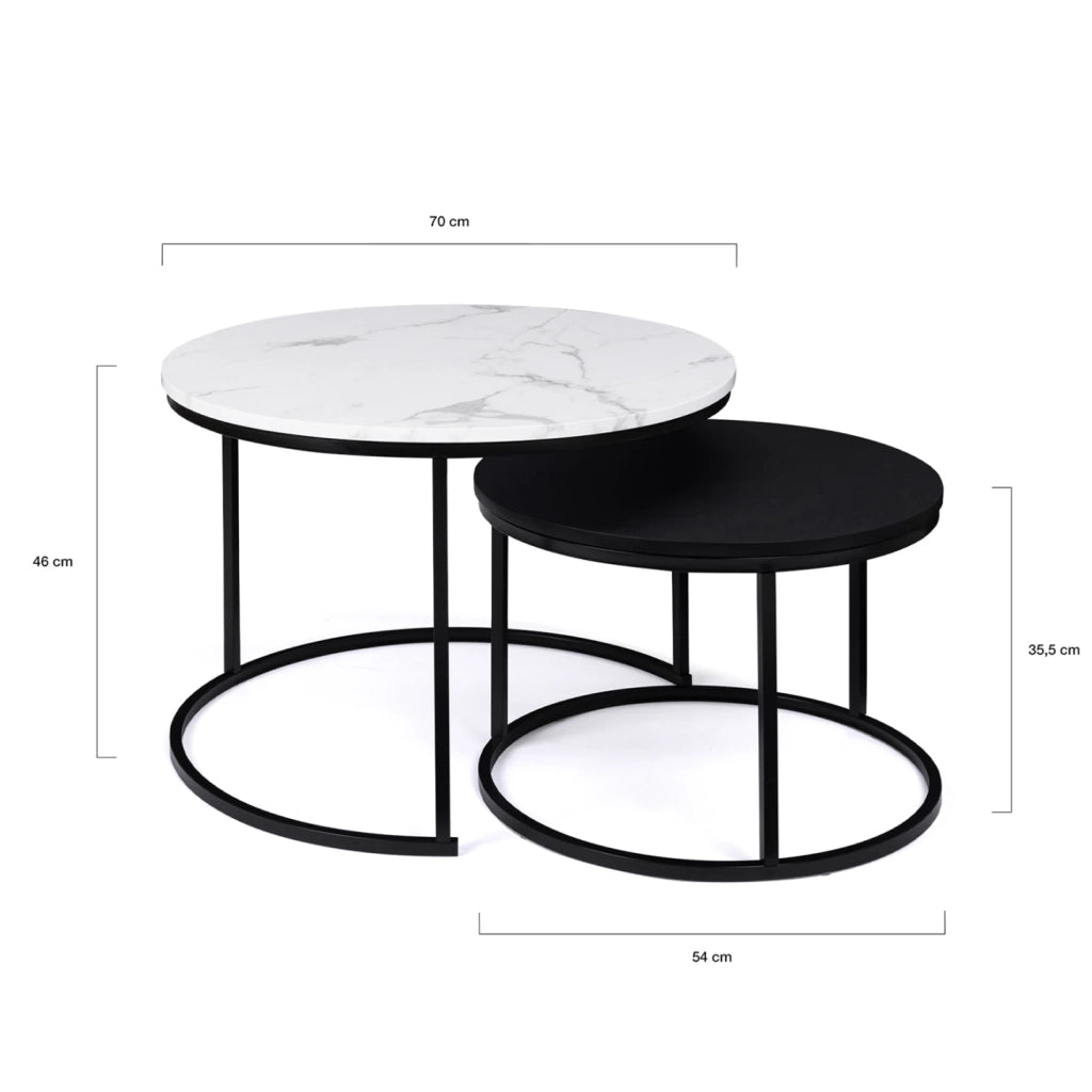 IDMarket - Set di 2 tavolini rotondi ALASKA 54/70, effetto marmo e nero, gambe in metallo