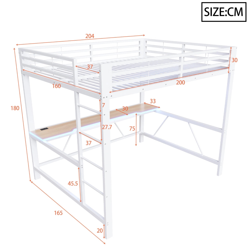 Letto a soppalco gaming 160x200 cm con scrivania e LED; in MDF e metallo; bianco