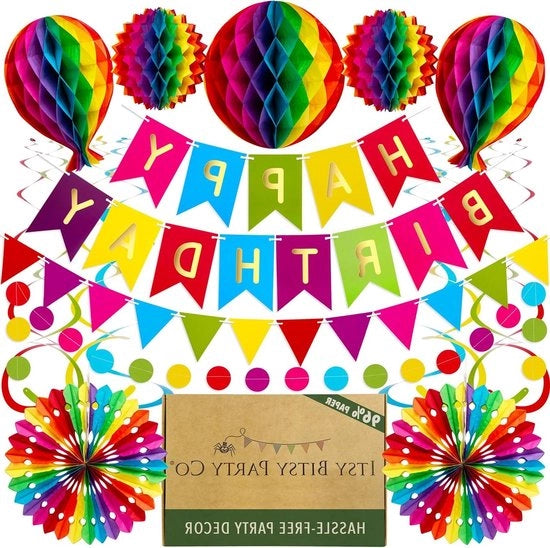 Decorazione di compleanno set premium riutilizzabile - decorazioni di compleanno accessori per feste - bandiera di compleanno pennant decorazioni a ragnatela pompom slittini