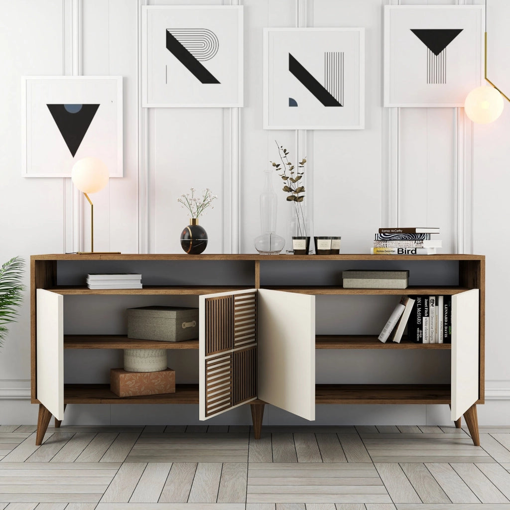 Credenza in legno "Milano" - 180 x 35 x 78 cm - Noce, Crema