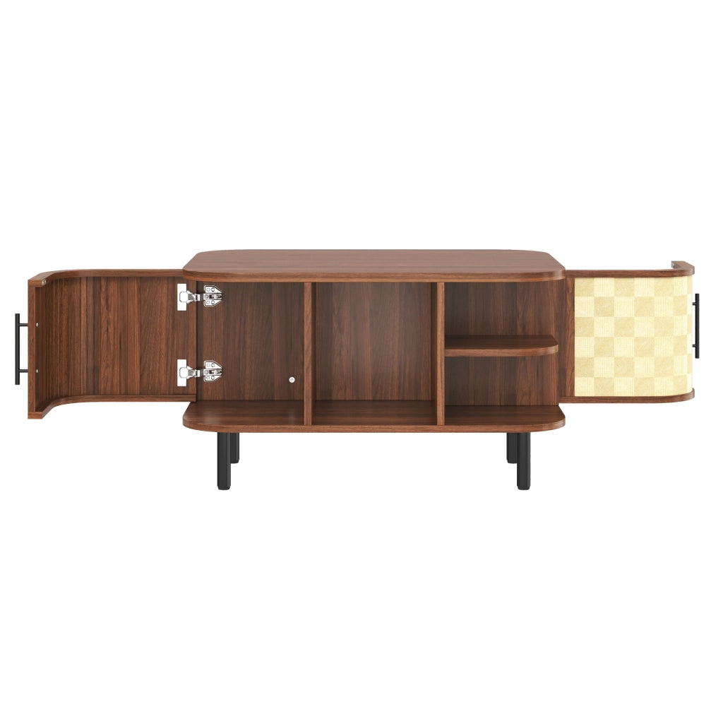 Tavolino basso con forma curva, vani aperti e scomparti laterali, in MDF e metallo, noce, 80 × 60 × 47 cm