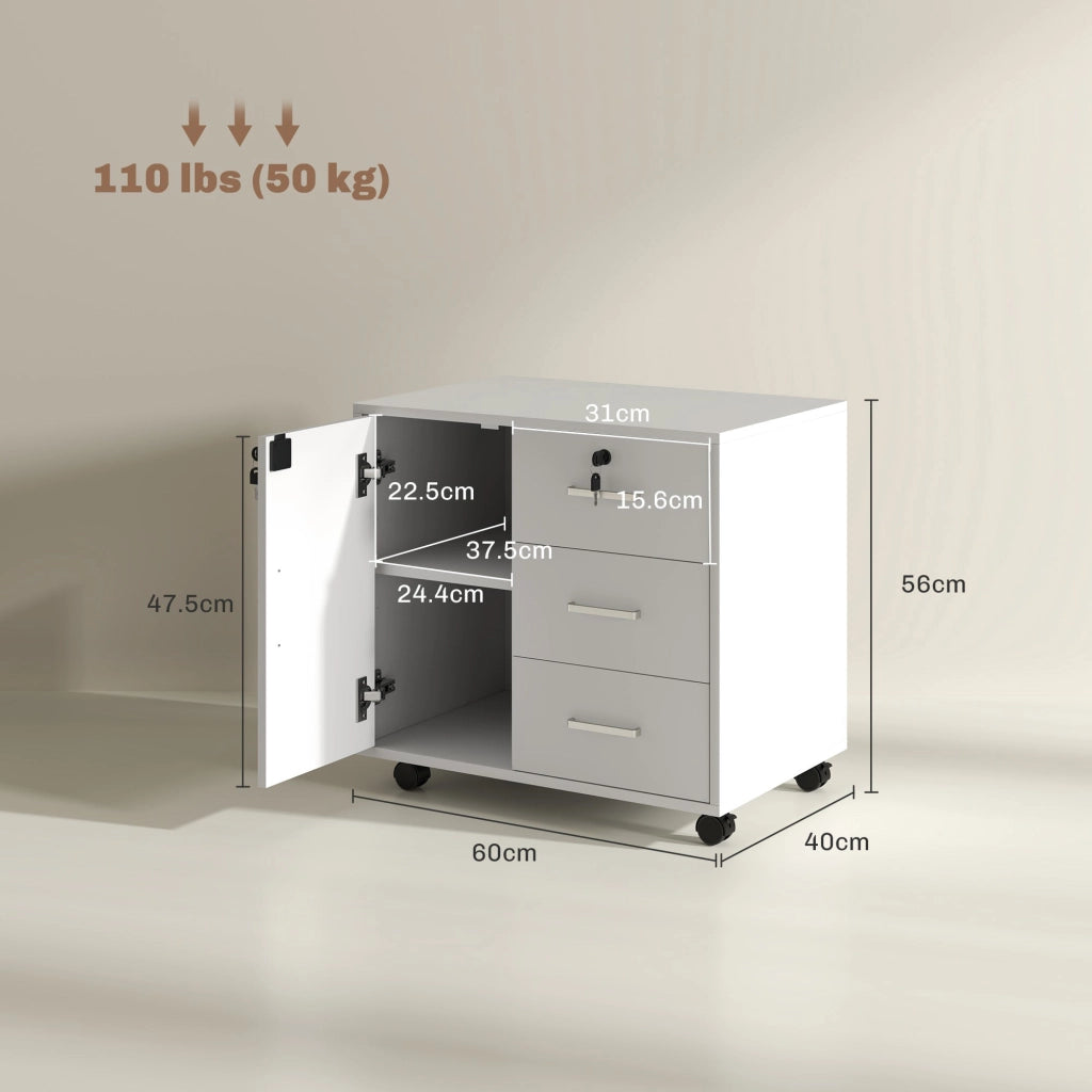 Cassettiera da Ufficio Schedario  con 3 Cassetti e Armadietto 60x40x56 cm in Legno Bianco