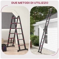 Scala Telescopica Pieghevole a 12 Gradini, in Alluminio e Nylon, 379x67.5x11 cm, Nera e Rossa