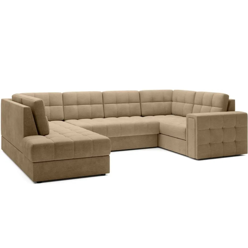 Divano ad angolo convertibile MONTEZA marrone chiaro sinistro 299 cm con vano contenitore e letto