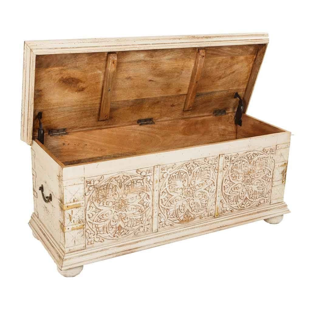 Cassapanca legno intagliato beige 103x40x43h cm