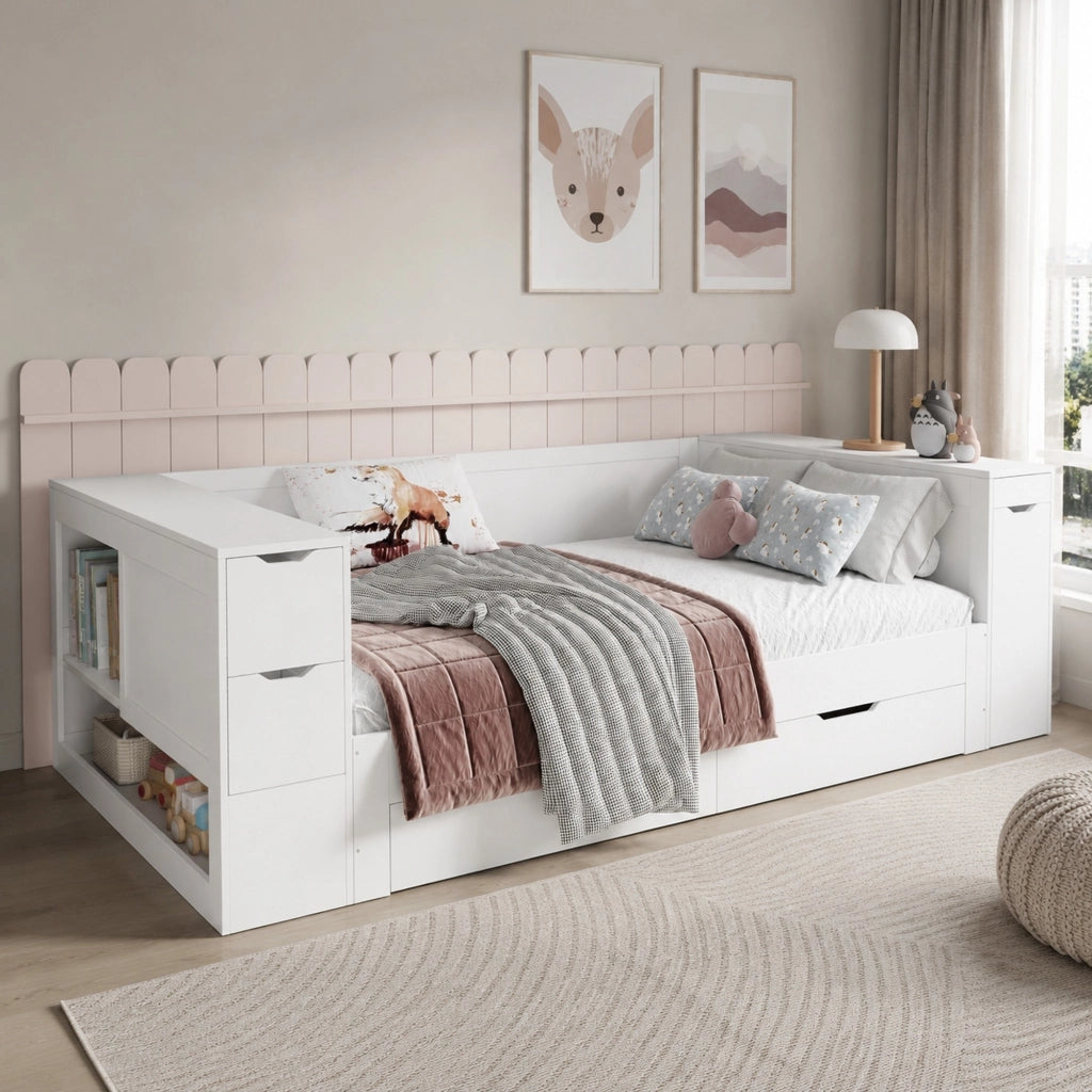 Letto bambini multifunzione 90x200 cm in MDF bianco con cassetti; ripiani e comodino