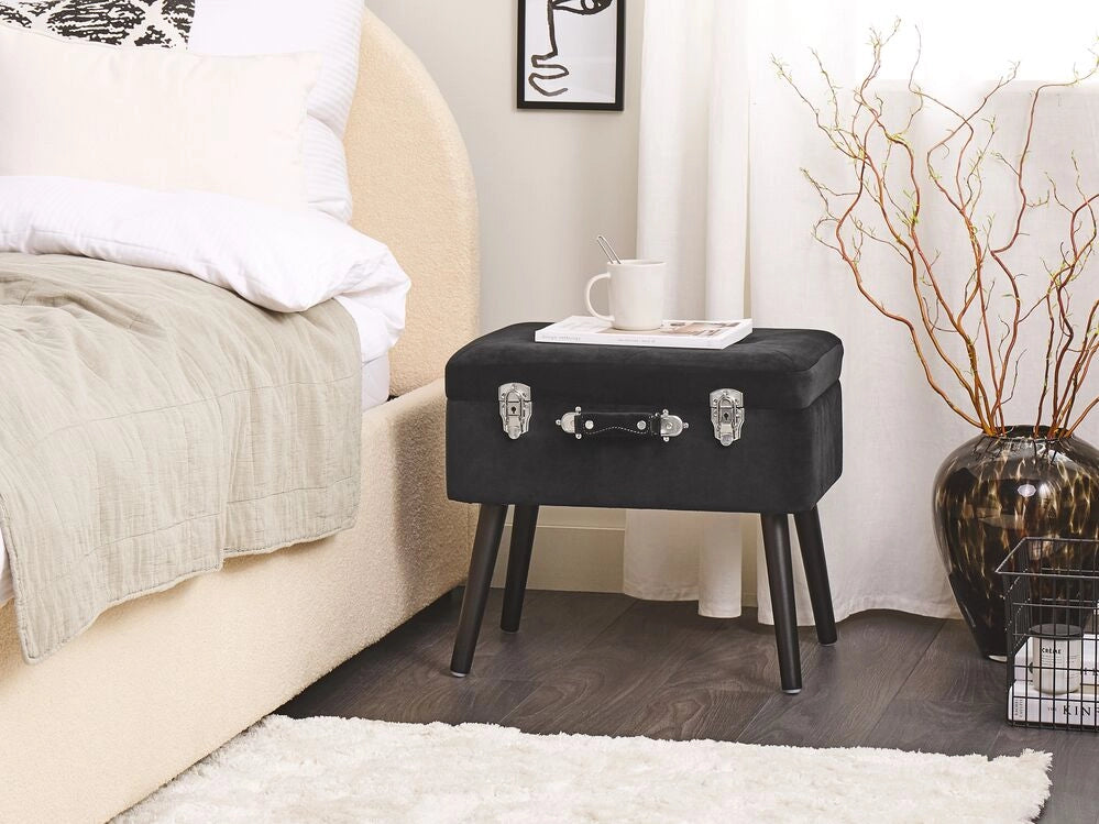 Comodino Sgabello Contenitore gambe nere imbottite in velluto Nero design a valigia con bottoni