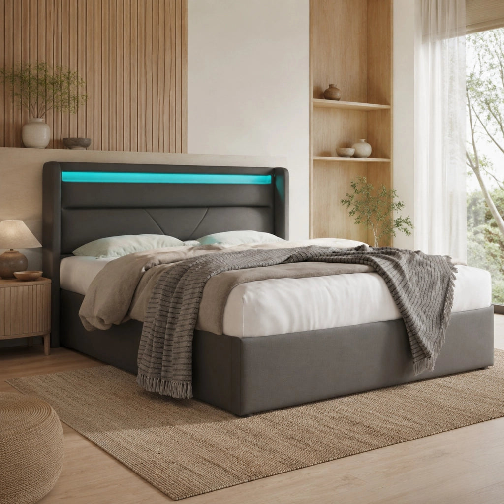 Letto contenitore 140x200 cm in PU grigio con LED